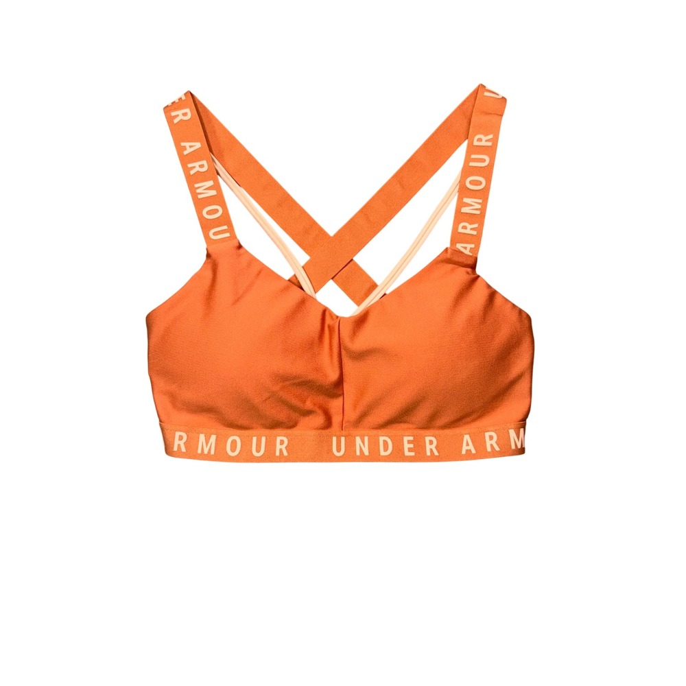 Under Armour Womens Mid Impact Crossback Sports Bra Orange Logo Straps Small
